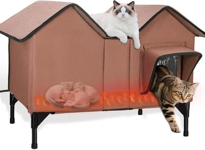 VILRAK Extra Large Heated Cat House for Outside in Winter, Elevated Heated Outdoor C