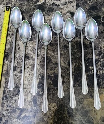 👌LOTE DE 8 CUCHARAS DE TÉ HELADAS PLATEADAS PARÍS ROGERS & SON ART DECO c1931🧋 Foto 1 de 4