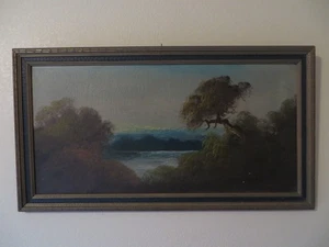 Antique 19th C American Oil Painting Landscape Original Water Trees Unsigned - Picture 1 of 3