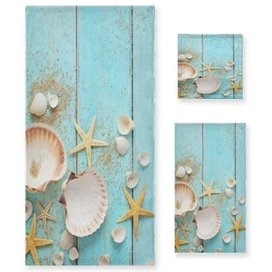 Shells Starfish On Sea Shore Bath Towel Set 3 Ultra Soft Fast Dry Summer Sea ... - Picture 1 of 8