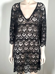 SURF GYPSY BLACK LACE CROCHET SWIMSUIT COVER UP DRESS KAFTAN, SEMI SHEER O/S - Picture 1 of 5