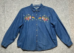 Cabin Creek Shirt Womens XL Petite Blue Embroidered Denim Apple School Party Fun - Picture 1 of 14