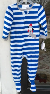 Koala Kids Toddler Boy 24 Mo Fleece Sleeper Blue White Stripe Walrus Penguin A12 - Image 1 of 4