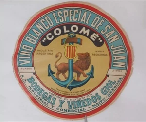 Antique WINE BARREL LABEL 'Colome' Old Logo Bodegas Giol Mendoza Argentina 1940 - Picture 1 of 3