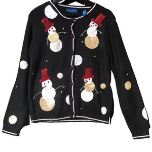 Vintage Snowman Christmas Sweater, Black Cardigan with Sequins and Beads, Small  - Picture 1 of 6