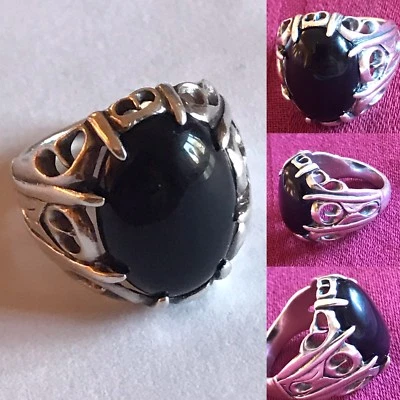 VINTAGE 925 STERLING ONYX CABOCHON DOMED MODERNIST BURTALIST BIKER RING SIZE 8 Foto 1 de 4