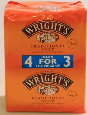 4 BARS WRIGHTS TRADITIONAL COAL TAR ANTISEPTIC CLEANSING FRAGRANCE SOAP 100g