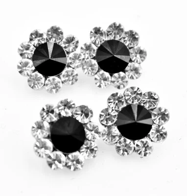 Sparkling Crystal Flower Buttons, Black, Clear Crystal,Silver ( 0.5"d ) 4x,Metal - Image 1 of 2