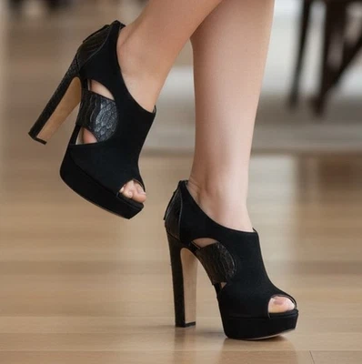 Barneys New‎ York Co Op Negro Serpiente Gamuza Punta abierta Tacón Plataforma Botines 35 Foto 1 de 4