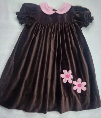 Винтажный понедельник ребенка девочек Sz 4T коричневый бархатистое платье с розовый вельвет цветы  - Изображение 1 из 4