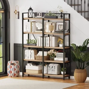 Industrial 5 Tier Bookshelf Rustic Wood Etagere Bookcase Open Shelving Unit Hot - Picture 1 of 9