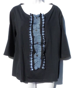 PRADA Navy Cotton Blue Black Check Stripe Ruffle Front 3/4 Sleeve Shirt Top M GC - Picture 1 of 9