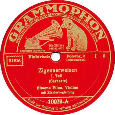 78 RPM - Simone Filon, Violine - Zigeunerweisen (Sarasate) - 1932 - Bild 1 von 2