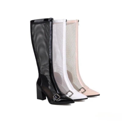 Womens Pointed Toe Zipper Mesh Hollow Out Block Heels Summer Knee High Boots New - Image 1 of 4