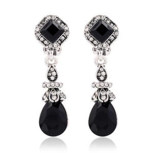 18K WHITE GOLD PLATED BLACK RHINESTONE LONG DANGLE STATEMENT CLIP ON EARRINGS - Picture 1 of 1