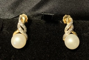 Earrings Women’s Sterling Silver - DESIGNER RL Pearl & Diamond Gold Stud - Picture 1 of 6