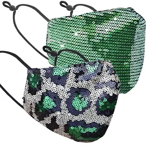 2 PC Green Animal Sequins Shiny Bling Face Mouth Cover Mask Washable Reusable GR - Picture 1 of 8