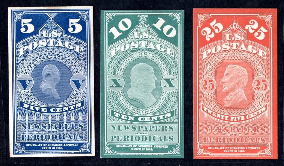 US 1875 NEWSPAPER STAMPS GEORGE WASHINGTON BEN FRANKLIN ABRAHAM LINCOLN - Image 1 of 2