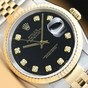 ROLEX MENS DATEJUST 16233 BLACK DIAMOND DIAL 18K YELLOW GOLD & STEEL WATCH - Picture 1 of 8