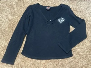 Harley Davidson HD Shirt Womens Long Sleeve Shield & Bar Black Sexy S Small - Picture 1 of 7