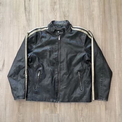 Vintage Y2K Arizona Black Faux Leather Racing Stripe Full Zip Jacket Mens Medium - Image 1 of 4