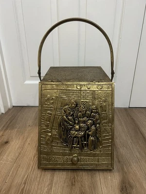 Vintage Brass Firebox Coal Scuttle Logs Fireside Storage Brass Wood Embossed - Image 1 of 4