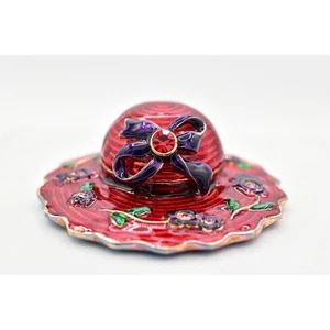 Vintage Trinket Box Red Hat Society Crystal Red Purple Gold Tone - Picture 1 of 12
