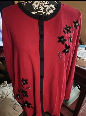 Dress Barn Size XL Women’s Beaded Appliqué Button Front Sweater 46” Bust 27” L - Image 1 of 4