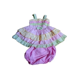 Vintage Dress Pink Yellow  Green Gingham  green Ruffle Dress 9 mo. ?  - Picture 1 of 9