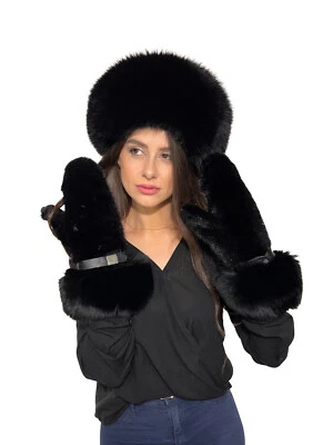 Mink And Fox Fur Mittens And Hat Set Saga Furs Jet Black Furs Set Winter Gloves - Image 1 of 4