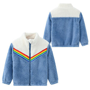 Kids Girls Warm Fleece Jacket Coat Rainbow Stripes Outerwear Winter Warm Outfit