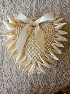 Wedding Ring Bearer Heart Pillow Handmade Starched Crochet Satin Bow Ivory Beige - Picture 1 of 5