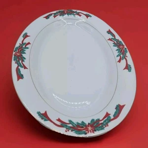 Poinsettia & Ribbons Fine China Christmas 14" Oval Serving Platter - Picture 1 of 3