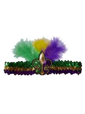 Mardi Gras Fleur de Lis Sequin Feathered Headband Purple Green Gold - Image 1 of 3