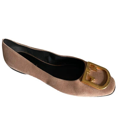 Furla Fantastica Ballet Flat Suede Gold Tone Logo Blush Pink Slip On 37 6.5 - Image 1 of 4