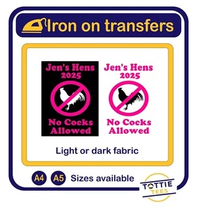 Personalised HENS NO COCKS ALLOWED hen party iron on t-shirt transfers a5 a4 - Picture 1 of 3