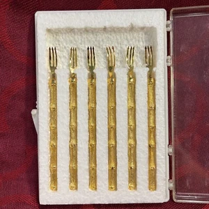 Vintage FLORENTINE HORS D'OEUVRES FORKS ~BAMBOO Gold Plated~Boxed Set of 6 -7044 - Picture 1 of 9
