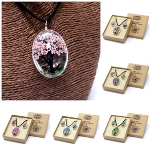 Real Pressed Flower Tree Of Life Necklace And Earring Set - Gift Boxed - Pendant - Picture 1 of 24