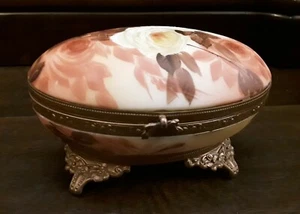 Vintage Ormolu Porcelain Hand Painted Roses Jewelry Casket Brass Trim Footed - Picture 1 of 8