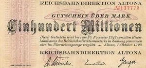 Reichsbahn Direktion Altona - 100 Millionen Mark - MGG S1115 - Bild 1 von 2