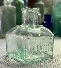 1905 J.J. FIELD Embossed Square Aqua Glass Ink Bottle “# 2” (H672)