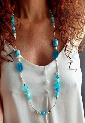 ❤️COLLANA DONNA LUNGA PIETRE DURE AZZURRE,  PERLE DI MAIORCA, ARGENTO - Immagine 1 di 4