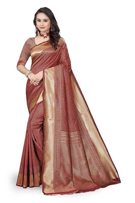 Sari de seda artística Kanchipuram para mujer con blusa pieza beige y granate Foto 1 de 4