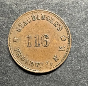1863 Pluribus Unum Staudinger's 116 Broadway NY Ficha de la Guerra Civil Nueva York - Imagen 1 de 3