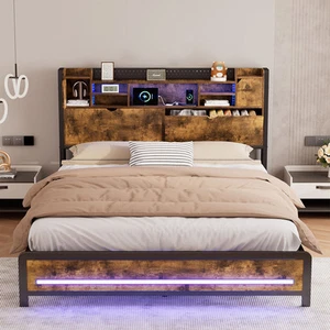 Levede Double Bed Frame Storage Headboard Industrial RGB Light LED Charging - Picture 1 of 12