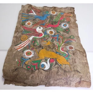 Vintage Mexiko Volkskunst Amate Rinde Gemälde Vögel Tiere Design leuchtende Farben - Bild 1 von 5