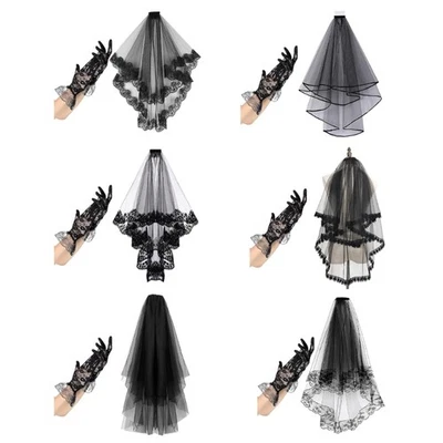 Mysterious Black Lace Veil and Gloves Combo for Halloween Cosplay and Parties - Imagem 1 de 4