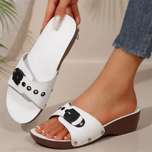 Damen Sommer Keilabsatz Sandalen Freizeit Offene Slippers Leicht Strandschuhe - Picture 1 of 11