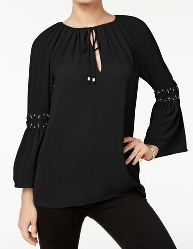 Nuovo Michael Kors pizzo orlo piacevole top nero poliestere elastan buco della serratura ritaglio