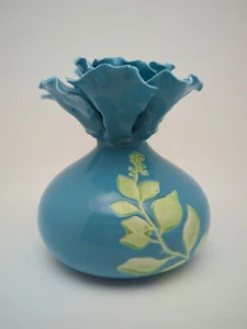 5" Anthropologie Teal Blue Embossed Ceramic Bud Vase Applied Carnation READ!  - Picture 1 of 10